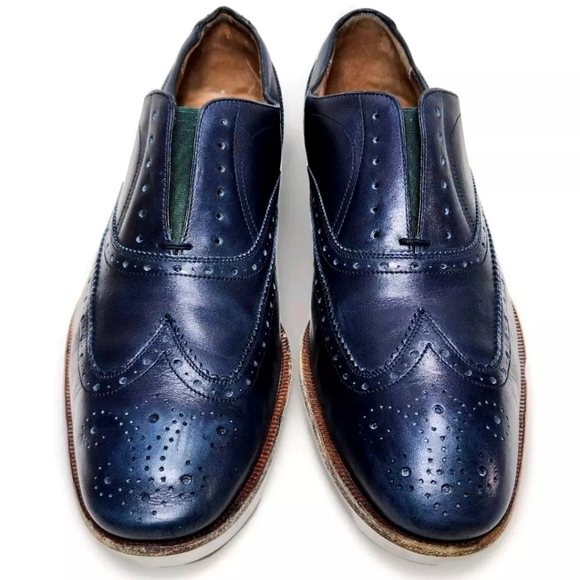 SALVATORE FERRAGAMO Brogue Wingtip Slip-On Sz 8.5 EE Navy Leather No Tie Elastic main image 8